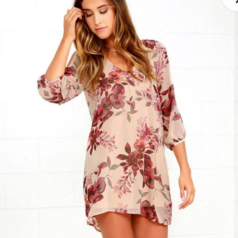 Lulus Shifting Deers Mini Shift Dress Size L Beige Floral Open Sleeve Lined